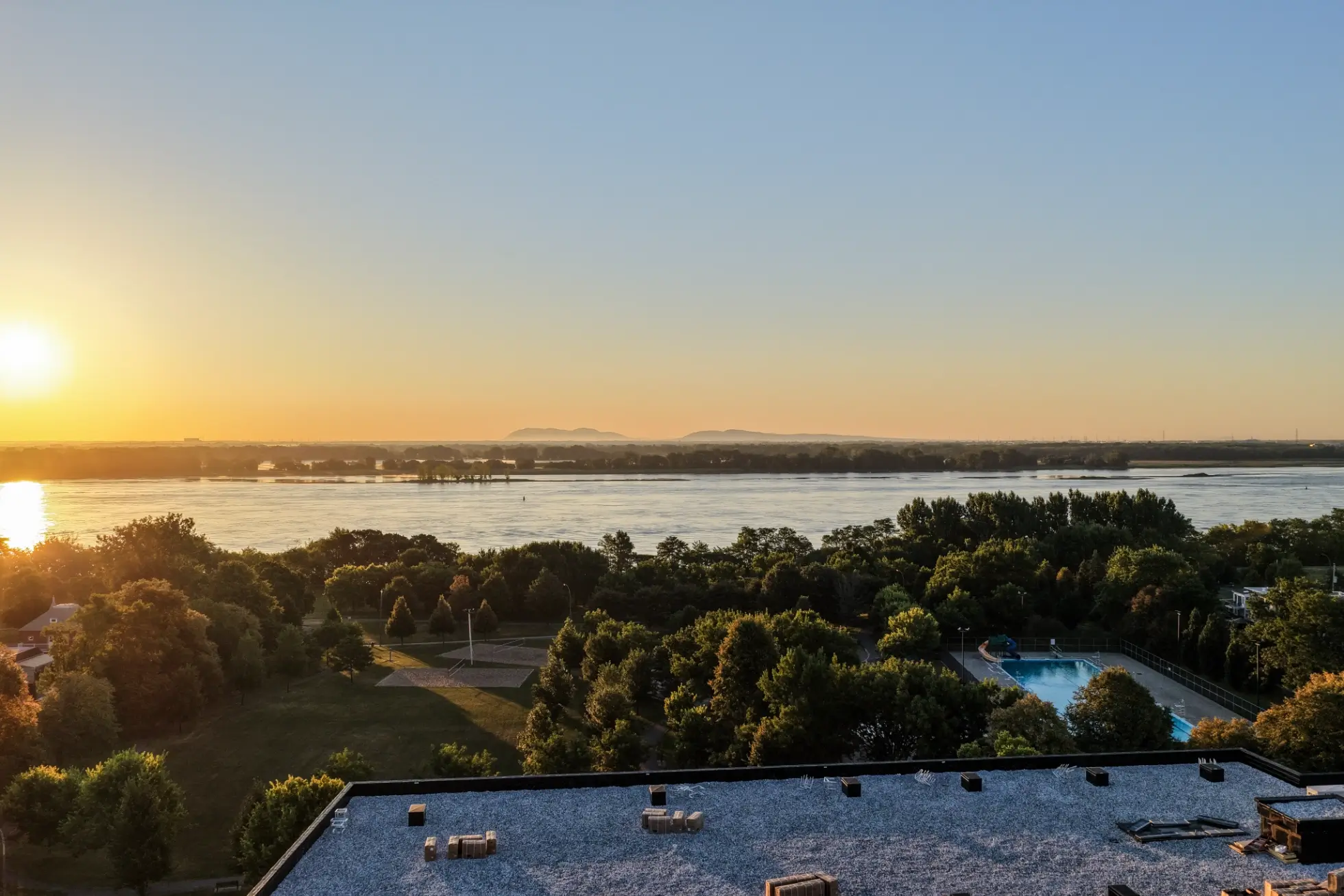 The St. Lawrence River and Promenade-Bellerive park, steps from Les Tours Bellerive, a new condo project for sale.